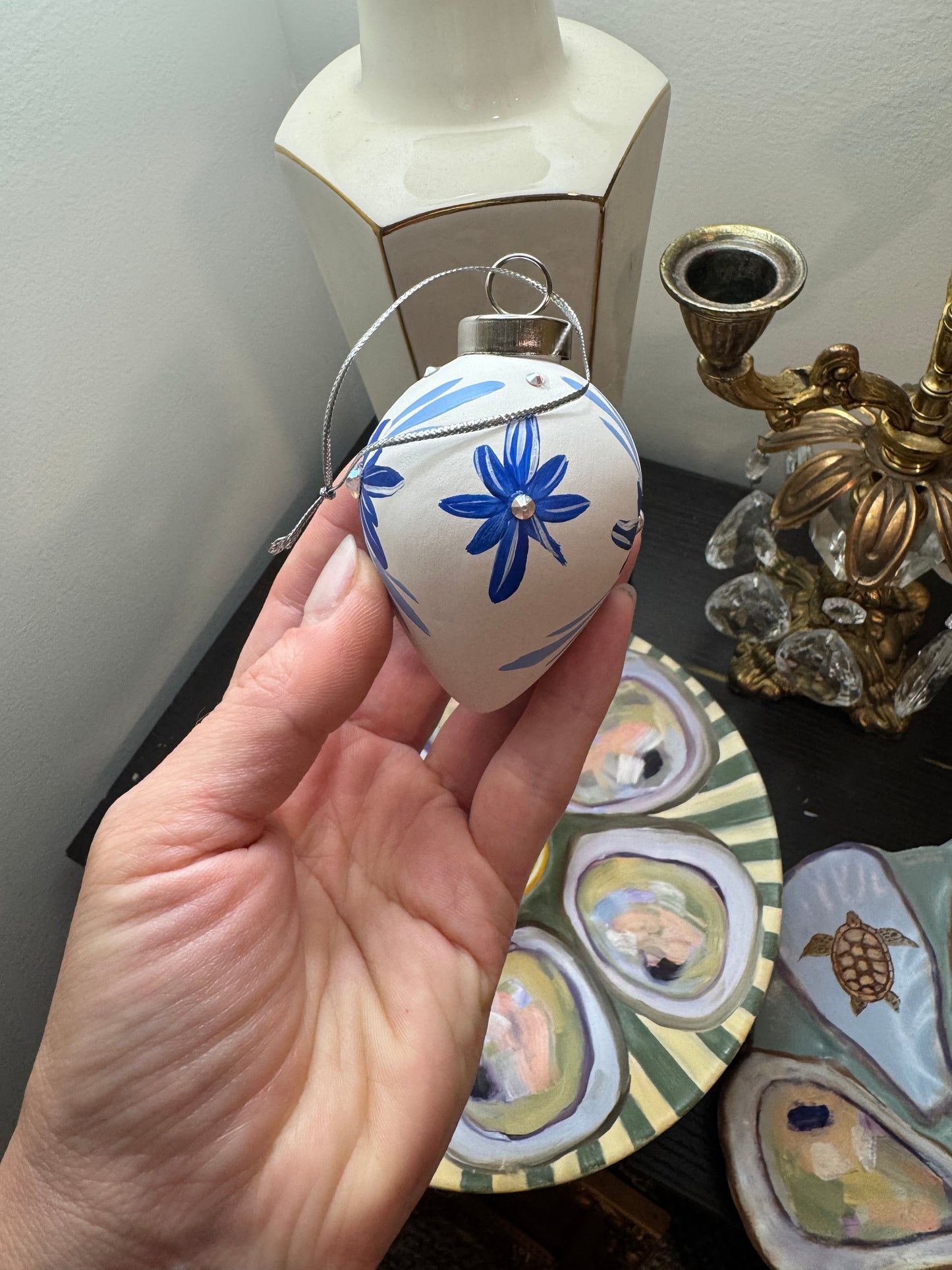 Reserved beautiful hand painted porcelain ornament white blue