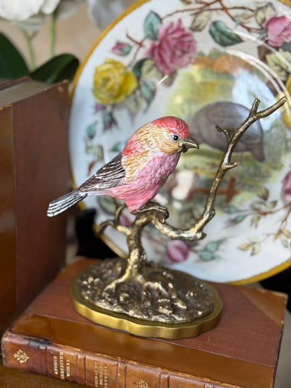 Danny's Fine Porcelain: Porcelain Purple Finch Bird Figurine with Bronze Ormolu | 7.5”