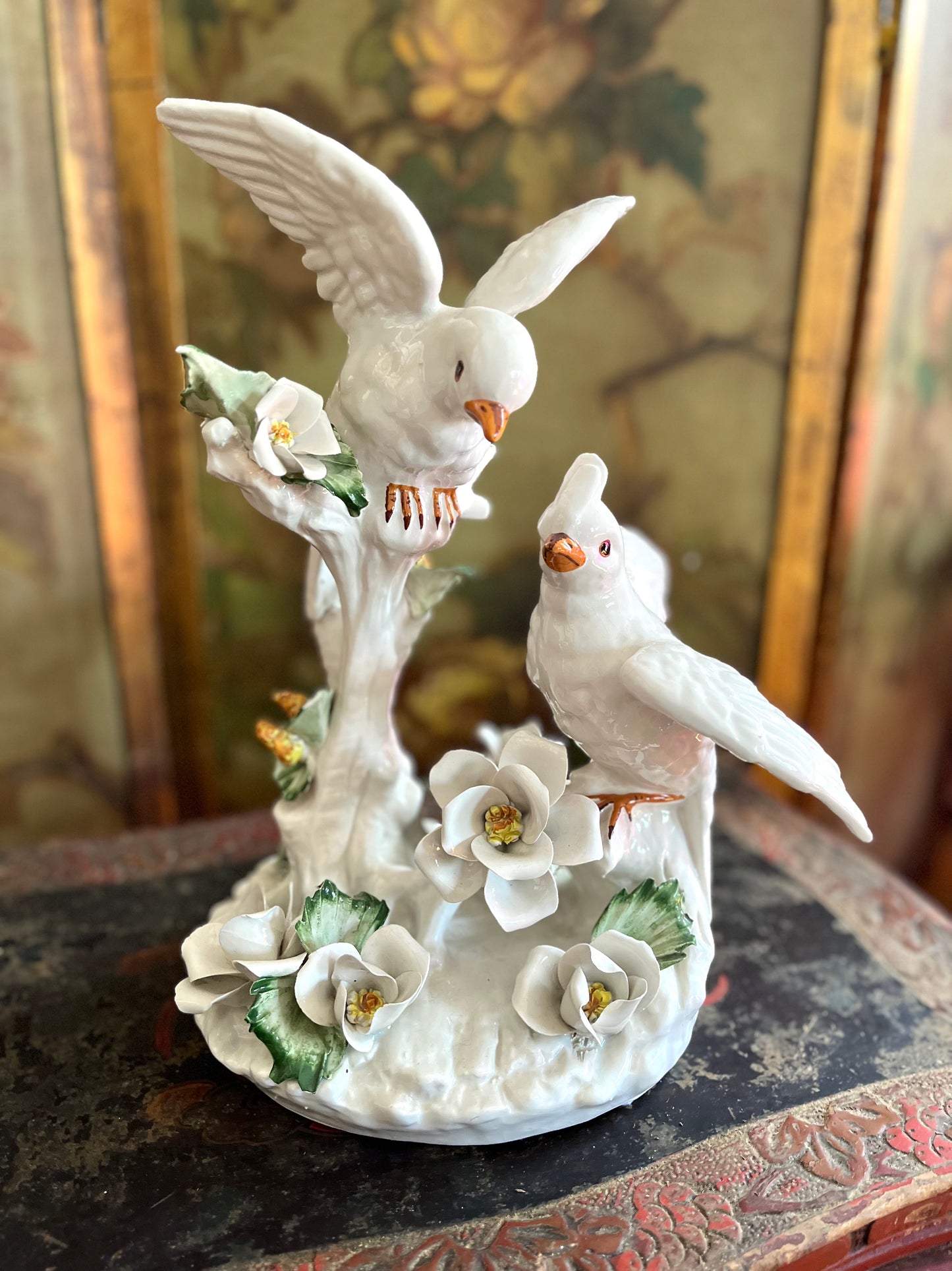 Live 08/25 Gorgeous Large Italian Porcelain Dove Pair with Hand-Applied Flowers – 14”
