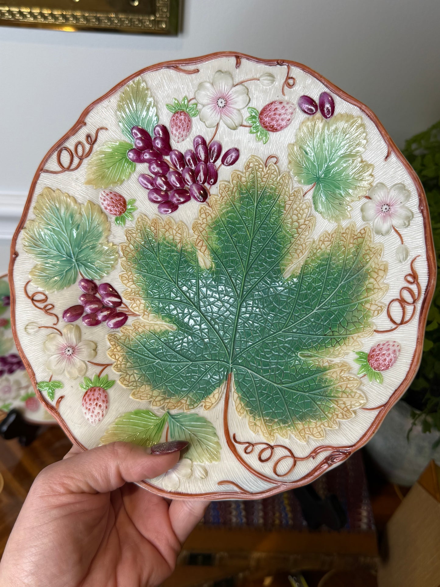Pair of Antique Victorian Majolica-Style Botanical Plates | 8.5" Diameter