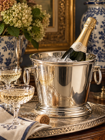 Handcrafted Silver-Tone Champagne Bucket | Polished Metal Wine Chiller with Ring Handles | Elegant Barware & Entertaining