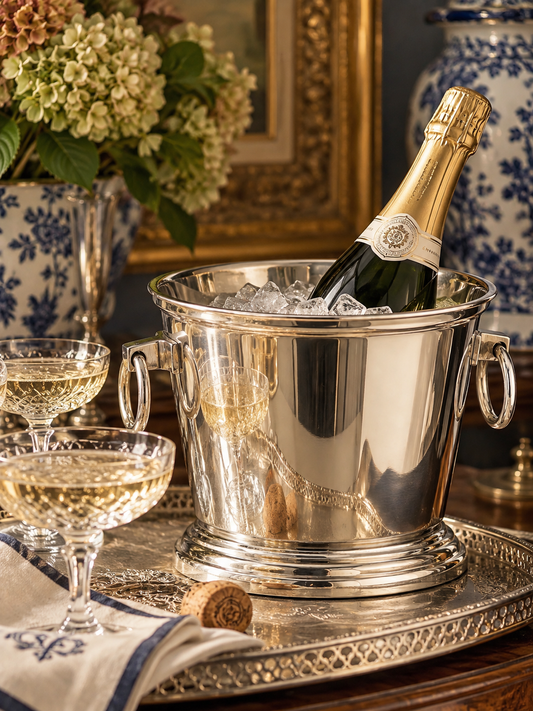 Silver 16” Champagne Bucket | Polished Metal Wine Chiller with Ring Handles | Elegant Barware & Entertaining