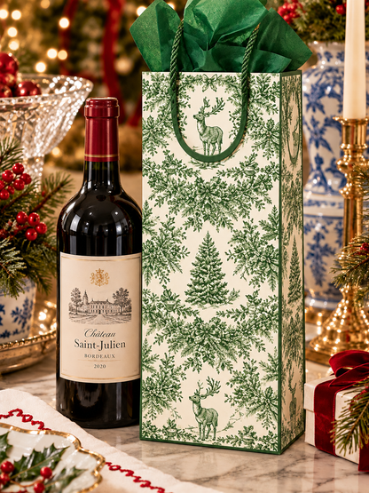 Caspari Christmas Toile Green Bottle Gift Bag – 5" × 3.5" × 13" | Holiday Wine Bag