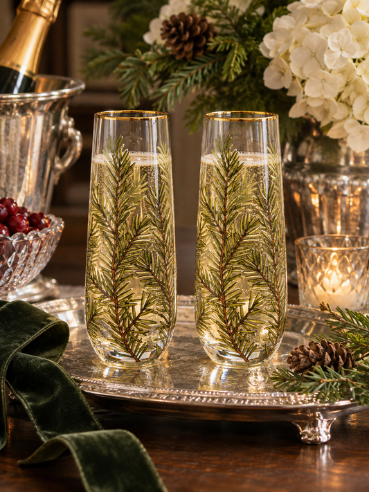 Woodland Evergreen Champagne Glasses with Gold Rim | Set of 2