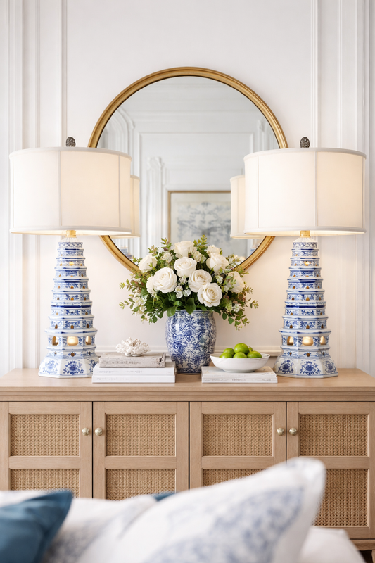Danny’s Fine Porcelain: Blue & White Porcelain Pagoda Lamp | Dual-Light Illuminated Base | 30” Table Lamp