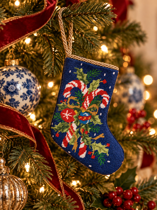 Embroidered Needlepoint-Style Christmas Stocking Ornament | 6" × 4.25"