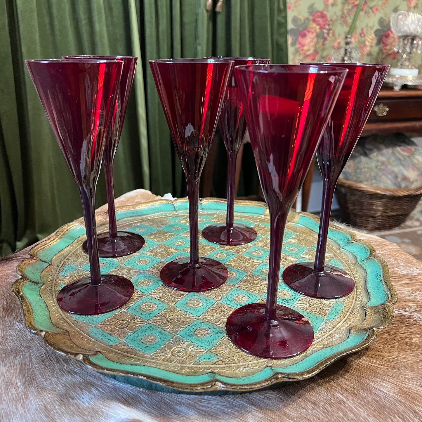 Set of 6 Vintage Selenium Ruby Red Champagne Flutes