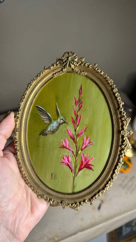 Hummingbird with Yucca flower in antique brass frame