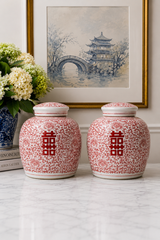 Danny’s Fine Porcelain Red Double Happiness Ginger Jar, 9”