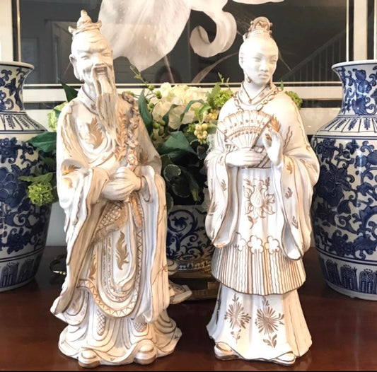 Pair of Vintage Italian statuesque Empress & Emperor Chinoiserie figuares 17 in