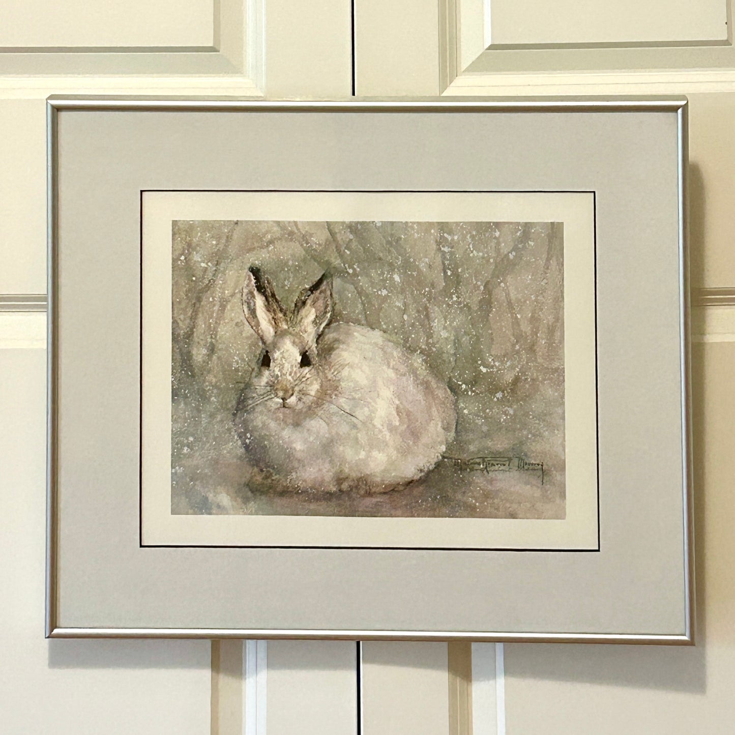 Delightful bunny rabbit signed watercolor custom framed wall art 21 x 18