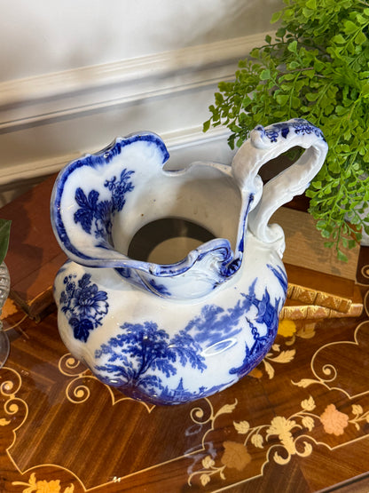 RESERVED - MOLLIEORRBRITTON - Antique ROYAL DOULTON "MADRAS" English Blue & White Transferware Wash Pitcher | Chinoiserie Ewer | 14”