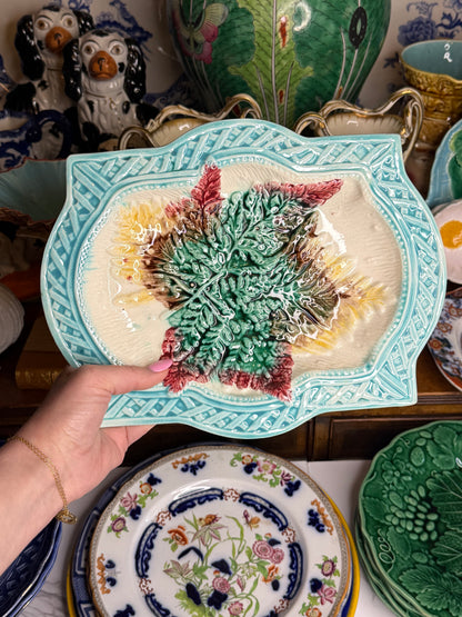 Antique French Majolica Fern & Leaf Serving Platter | Turquoise Basketweave Border | Victorian Faience | DA4528