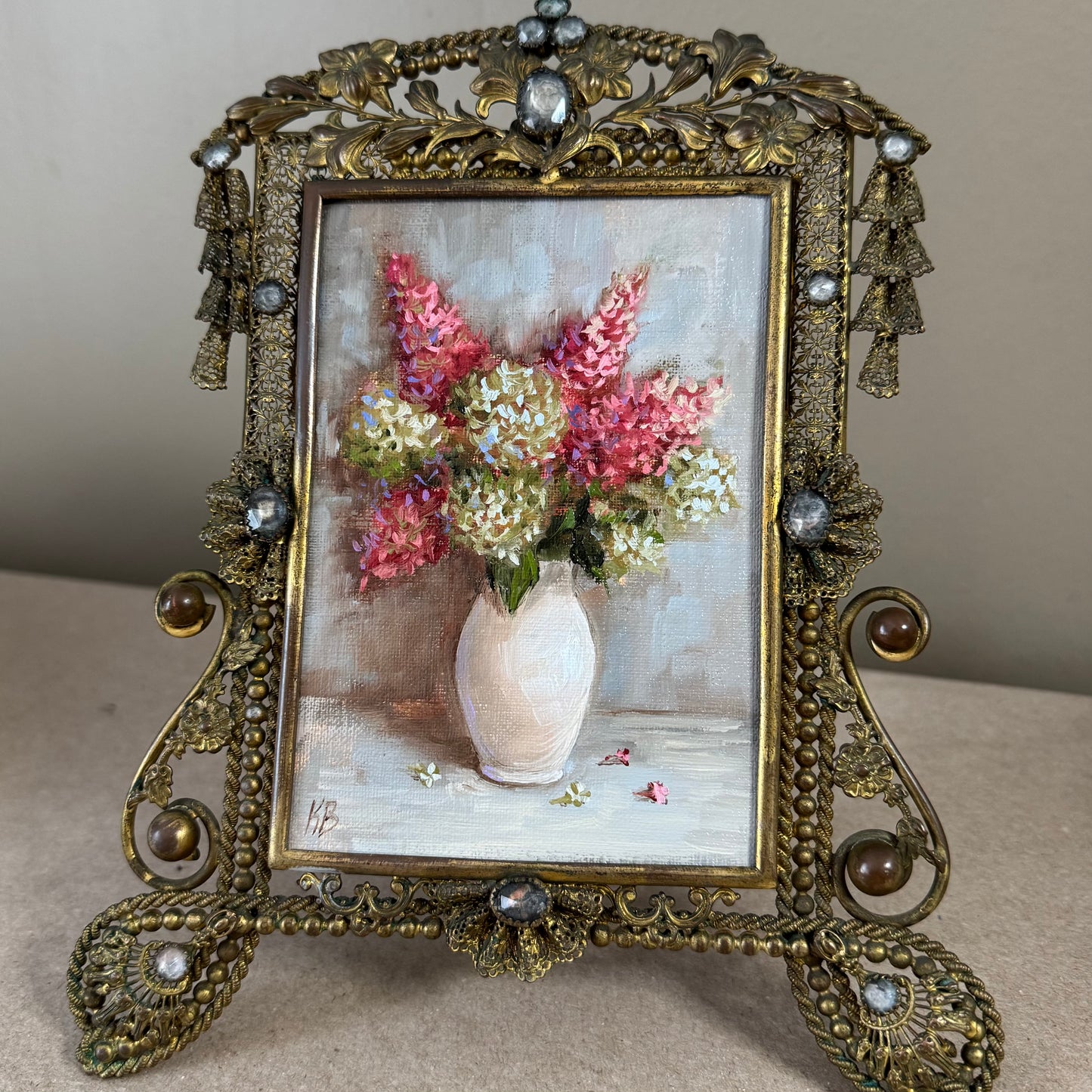 Pink and white hydrangeas original oil painting in antique frame