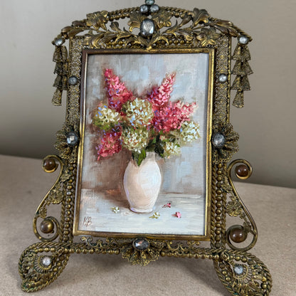 Pink and white hydrangeas original oil painting in antique frame