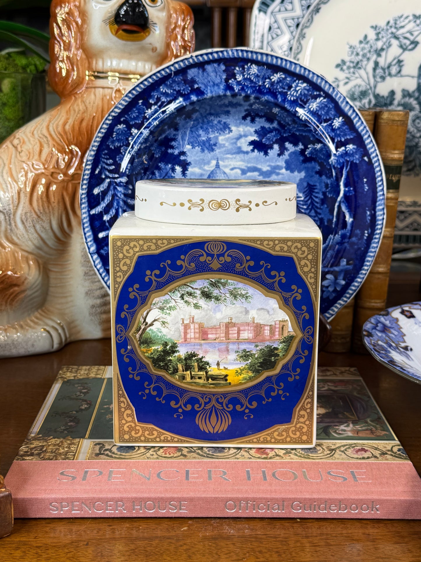Vintage Royal Cauldon for Twinings Scenic Ironstone Tea Caddy, Cobalt Blue & Gold | 7.5”