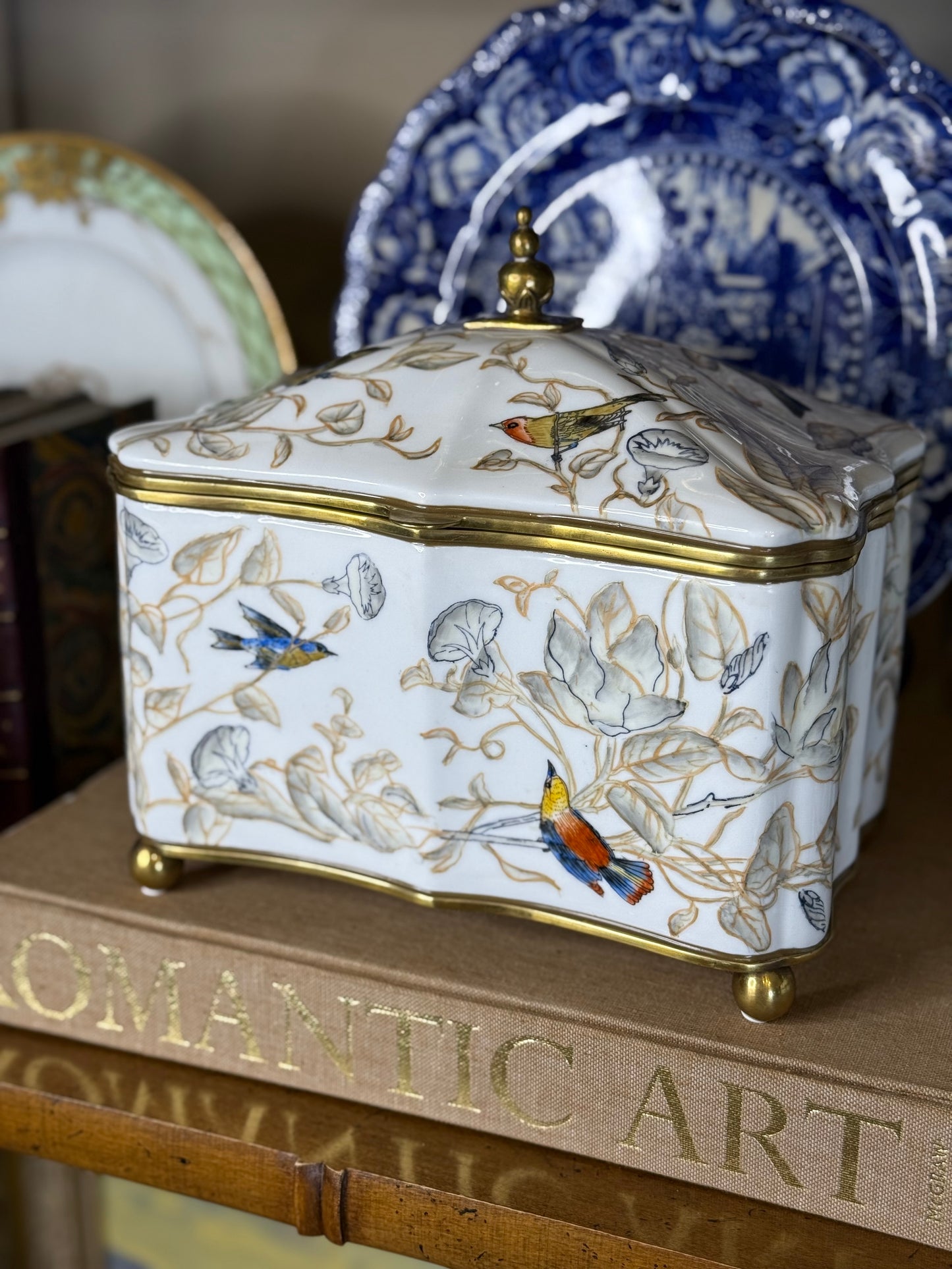 Danny’s Fine Porcelain | 9” Hinged Porcelain Box with Bronze Accents – Hand-Painted Birds & Vines