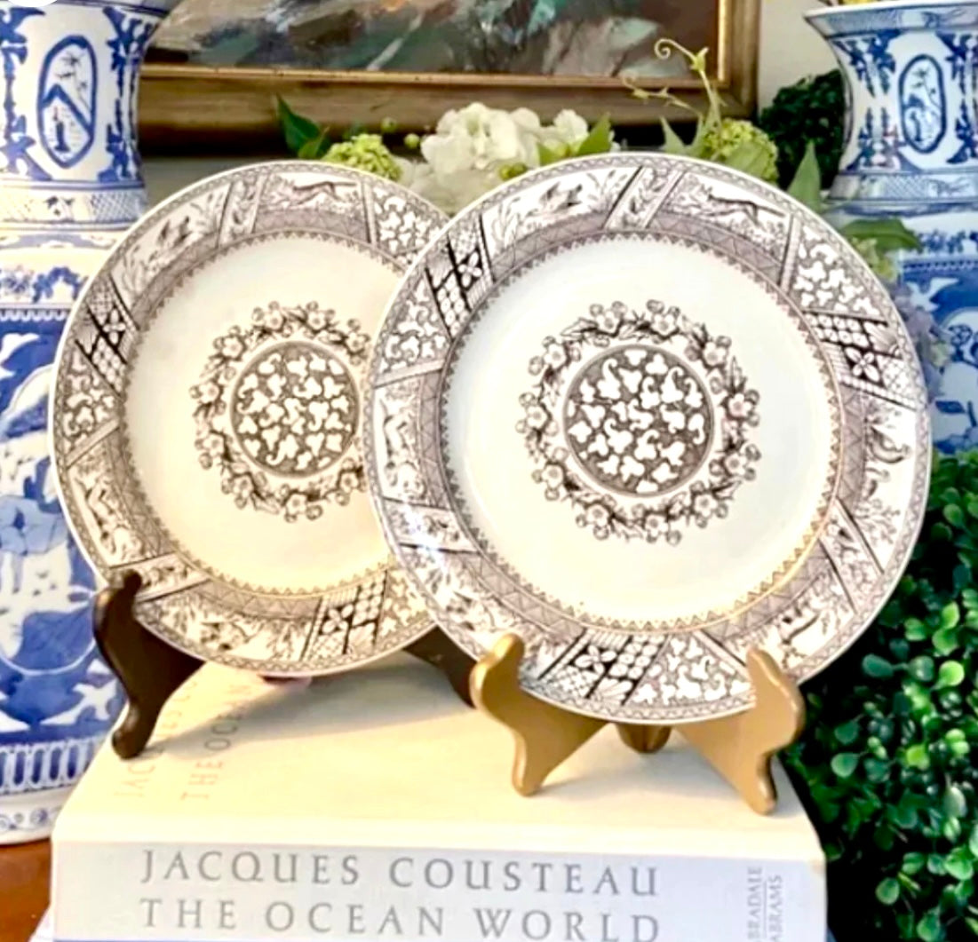Pair of antique WEDGWOOD plates labeled “Melton” stamped embossed and numbered.
