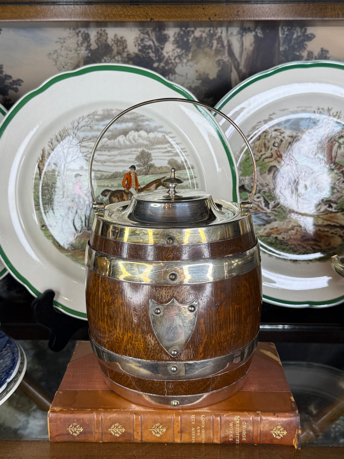 RESERVED - MOLL - Antique English Oak Biscuit Barrel with Silver Plate Mounts, Ceramic Liner & Swing Handle, c.1900, 7” H x 6.25” D