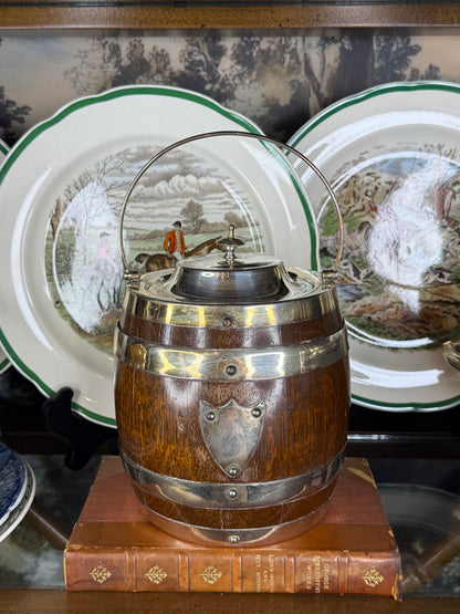 RESERVED - MOLL - Antique English Oak Biscuit Barrel with Silver Plate Mounts, Ceramic Liner & Swing Handle, c.1900, 7” H x 6.25” D