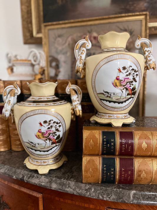 Sevres Style Chelsea House Porcelain Urns with Gilded Scroll Handles & Hand-Painted Exotic Birds — Pair