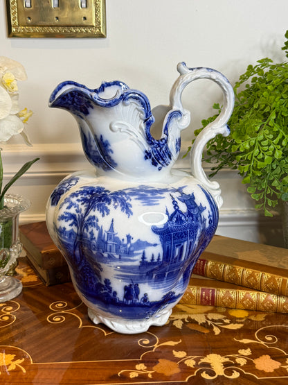 RESERVED - MOLLIEORRBRITTON - Antique ROYAL DOULTON "MADRAS" English Blue & White Transferware Wash Pitcher | Chinoiserie Ewer | 14”