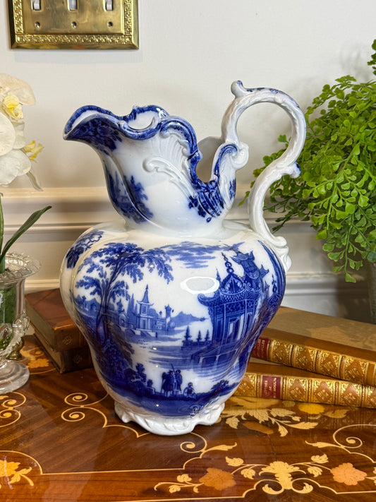 RESERVED - MOLLIEORRBRITTON - Antique ROYAL DOULTON "MADRAS" English Blue & White Transferware Wash Pitcher | Chinoiserie Ewer | 14”