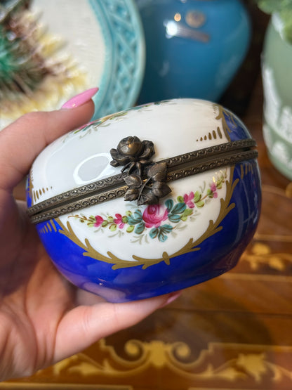 Vintage Limoges France Hand-Painted Trinket Box | Cobalt Blue & Gold with Bird and Floral Motif | 5” Diameter | #DA4364