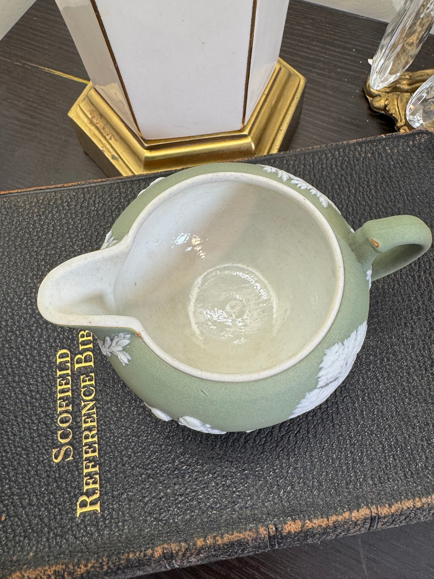 Wedgwood antique creamer sage green jasperware