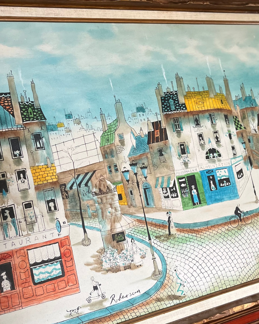 Live 09/01 Original Robert Scott Mixed Medium Artwork French Street Scene Oil And Ink 35 1/2” x 42 1/2”
