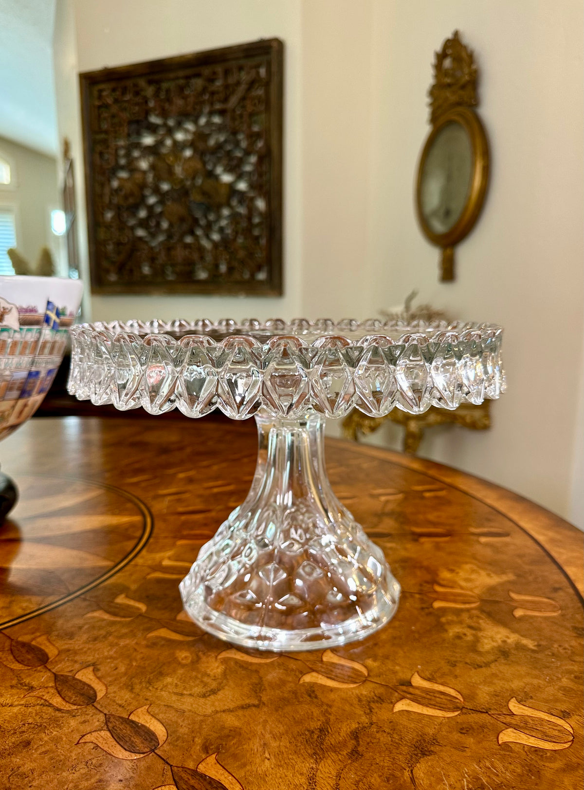Vintage Fostoria American Crystal Pedestal Cake Stand | No. 2056 | 10” Round with Rum Well