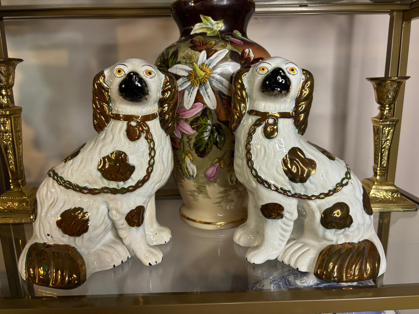 Stunning antique Staffordshire spaniel mantel dogs with lustre decoration pair!