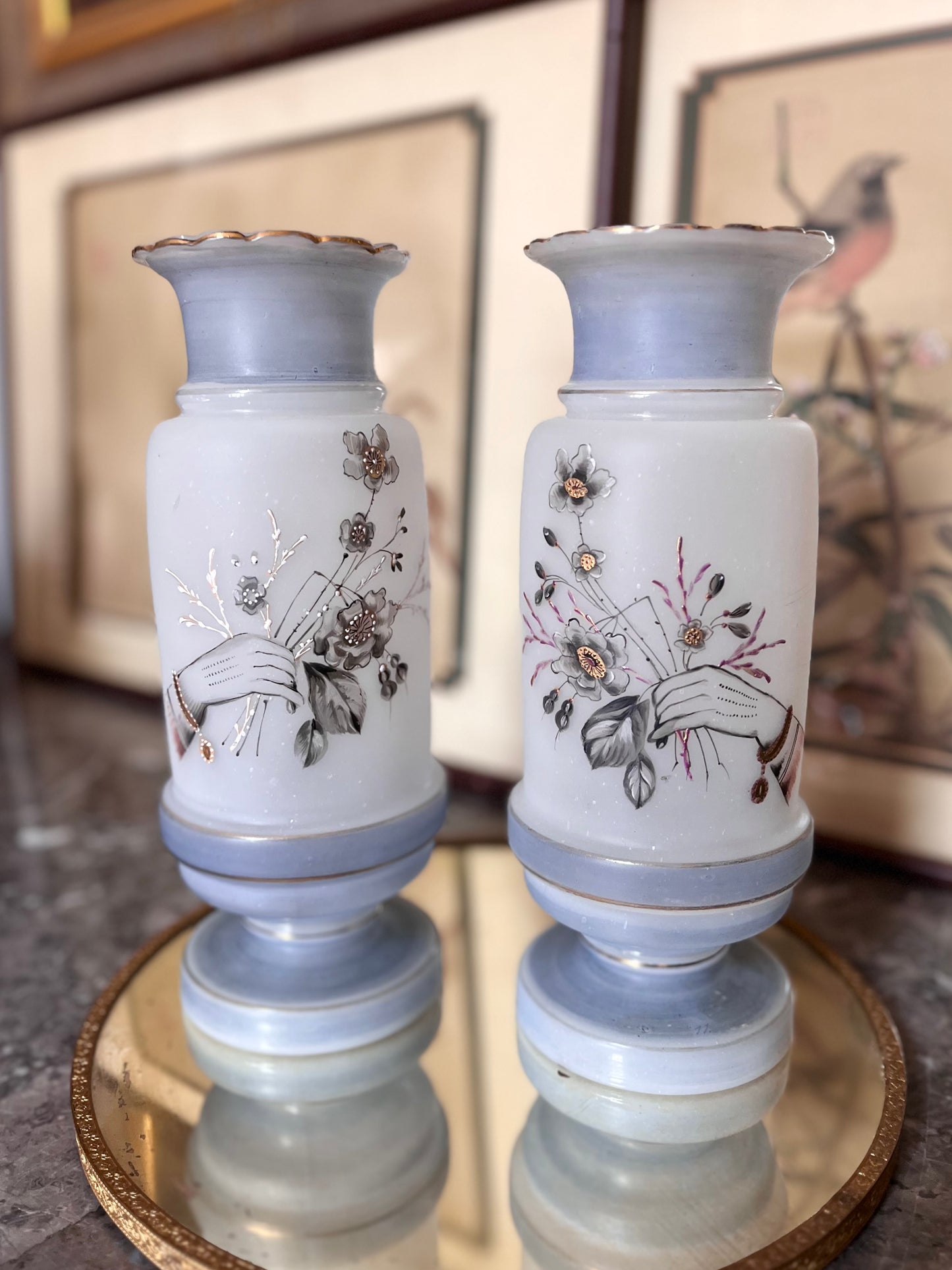 Unique Pair Of Hand Painted Bristol Glass Vases With Left/Right Hands And Flowers 9”