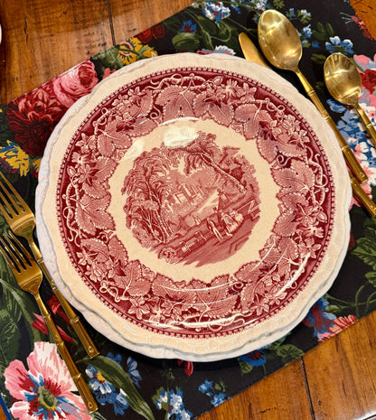 Rare Set of 8 Mason's Vista Pink Red willow dinner plates 10d