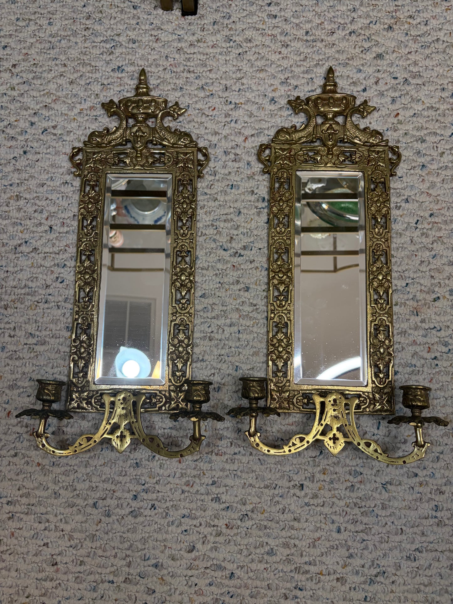 Stunning brass koi mirrored wall sconces pair!