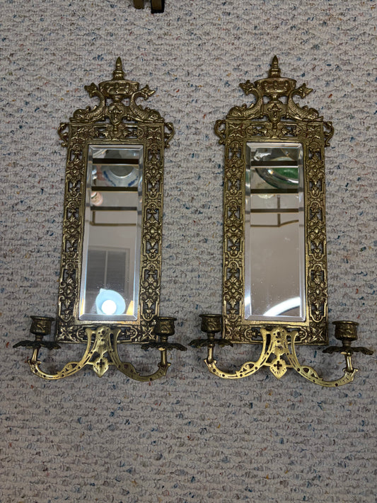 Stunning brass koi mirrored wall sconces pair!