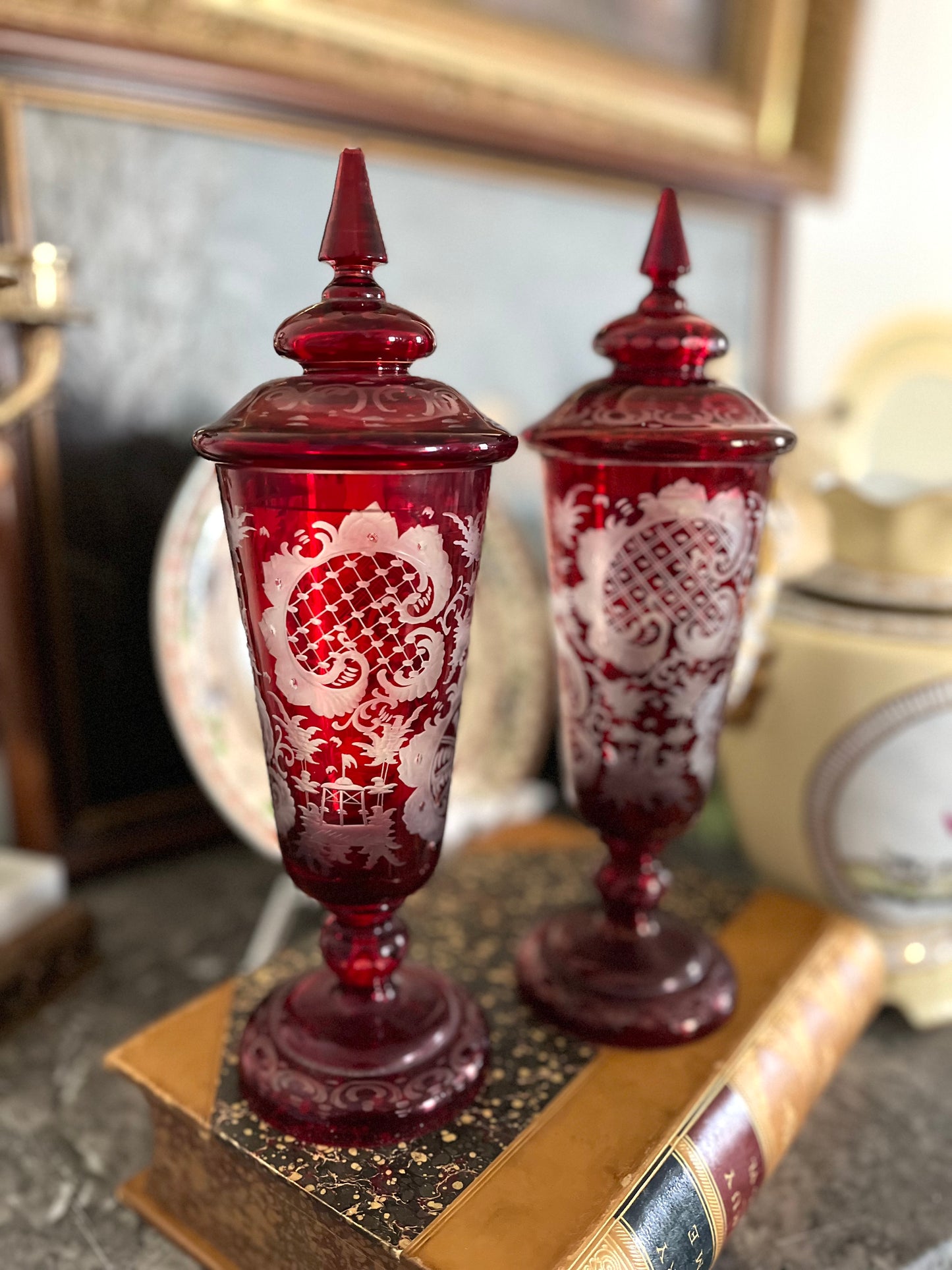 19th Century Continental Ruby Red Cut-to-Clear Lidded Goblets with Landscape Etching, Pair in perfect condition
