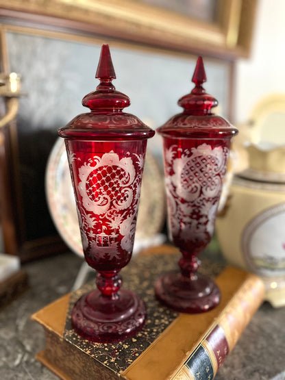 19th Century Continental Ruby Red Cut-to-Clear Lidded Goblets with Landscape Etching, Pair in perfect condition
