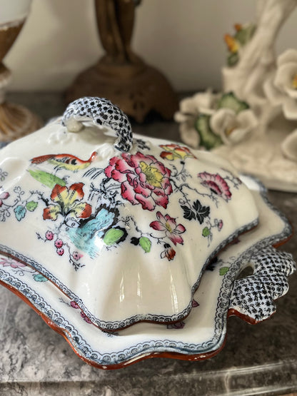 Live 07/28 Stunning Early Ashworth Bros Lidded Vegetable Dish - Footed With Florals/Birds/Contrasting Handles And Trim - Original Ribbon Mark 1860’s
