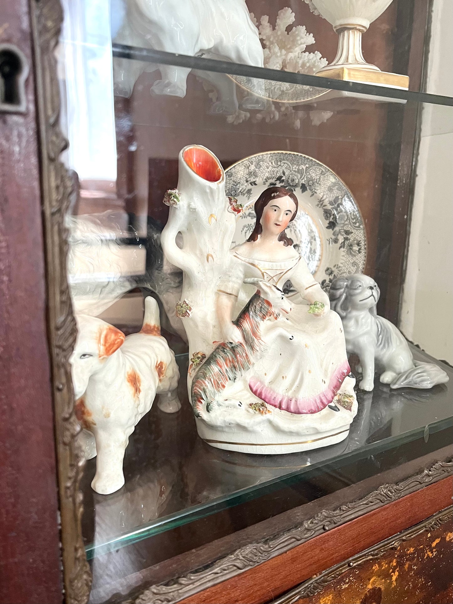 Mid 1800’s Staffordshire Girl And Ram Bocage Spill Vase