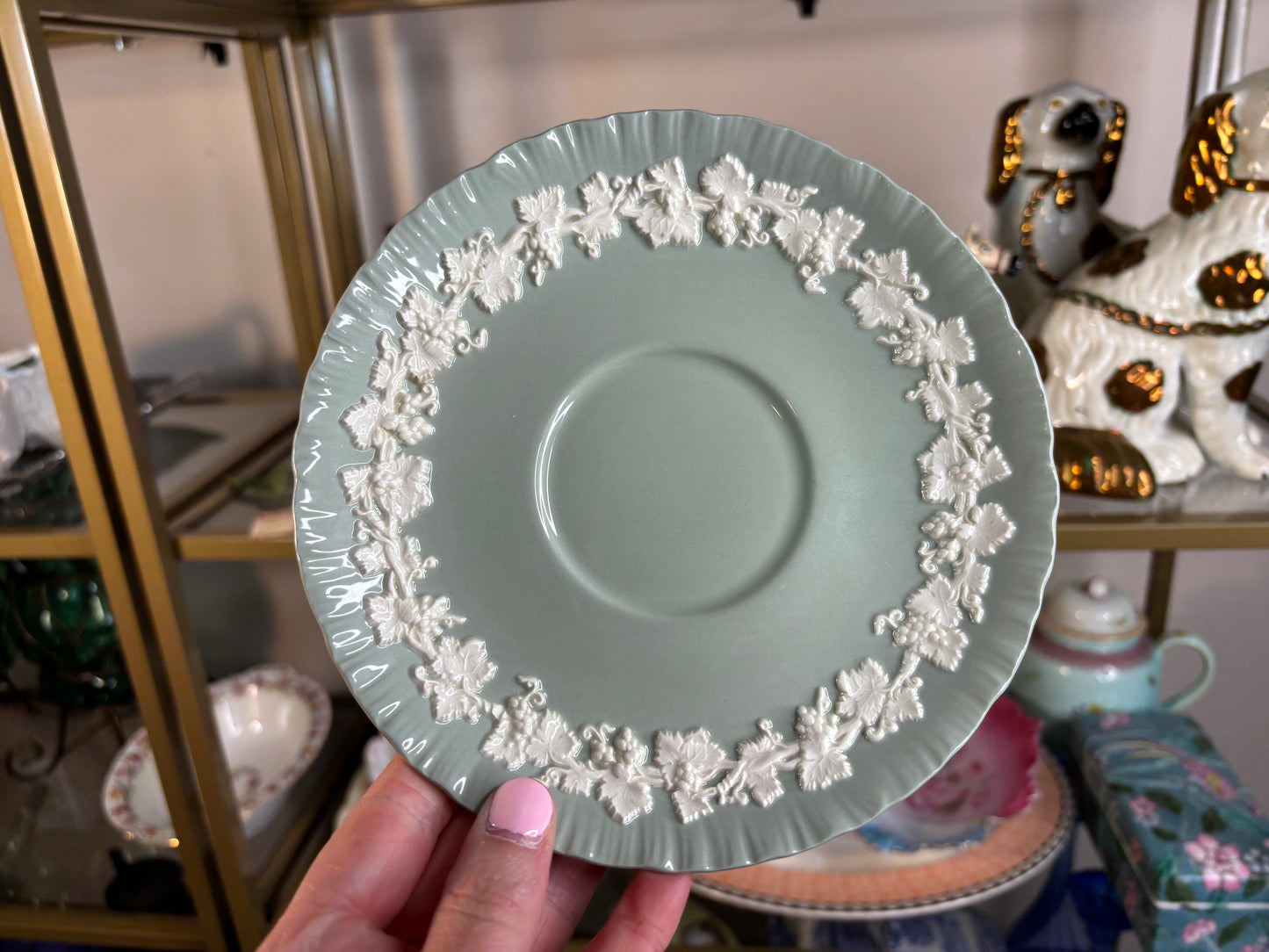 Lovely Wedgwood Queensware green and white soup cup and saucer set!