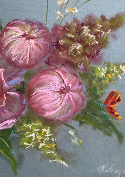 Pink Hydrangea pink peony Soft Pastel Drawing Original Floral Art 9x12”