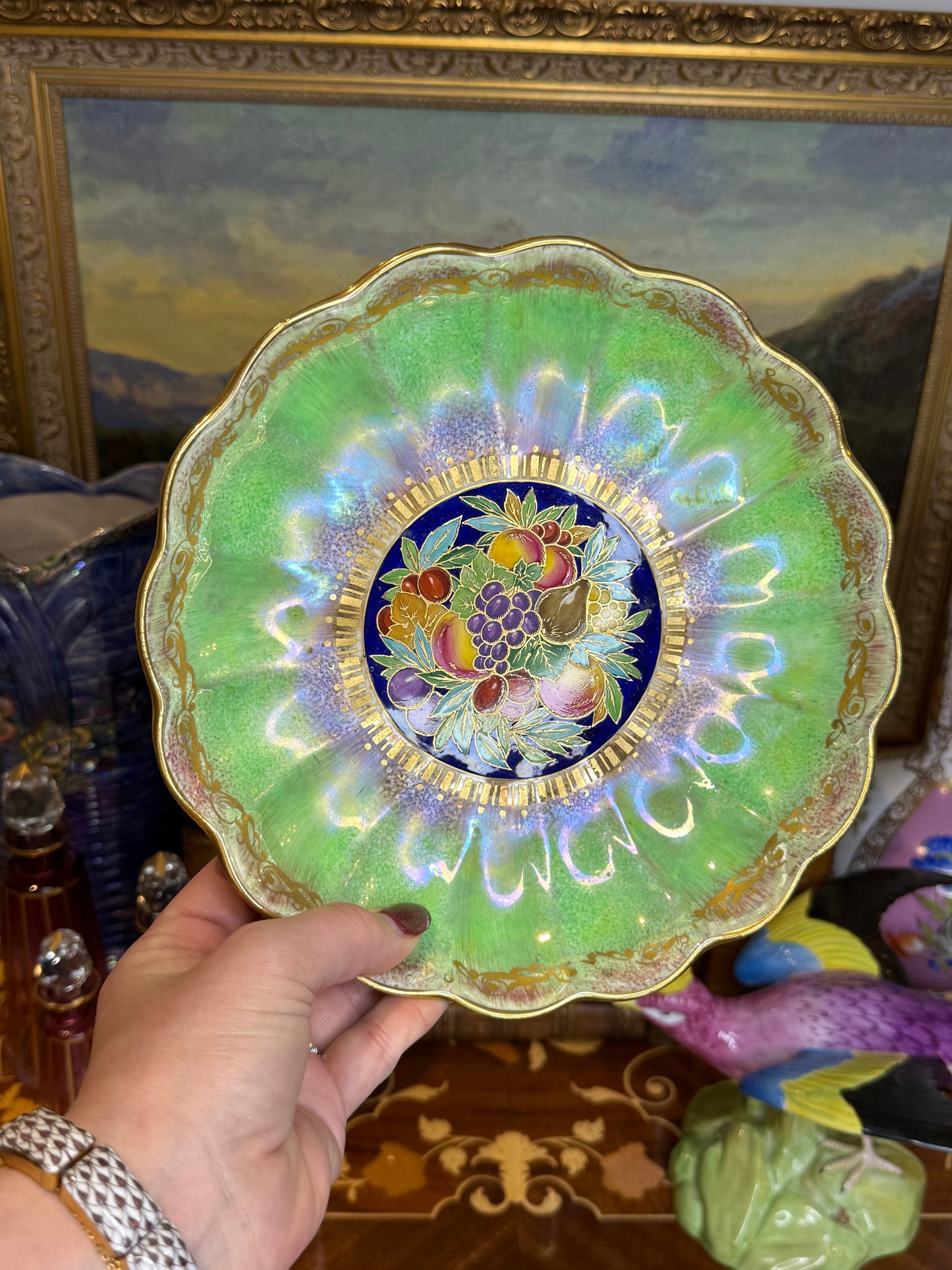 Antique Minton Hand-Painted Cabinet Plate with Fruit Center & Iridescent Green Border | 9”