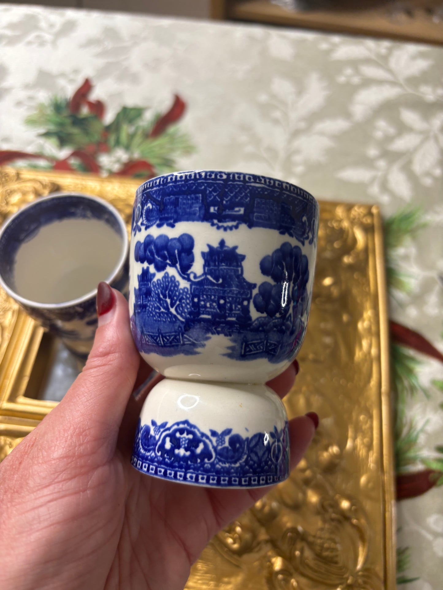 Lovely Blue Willow egg cups pair!