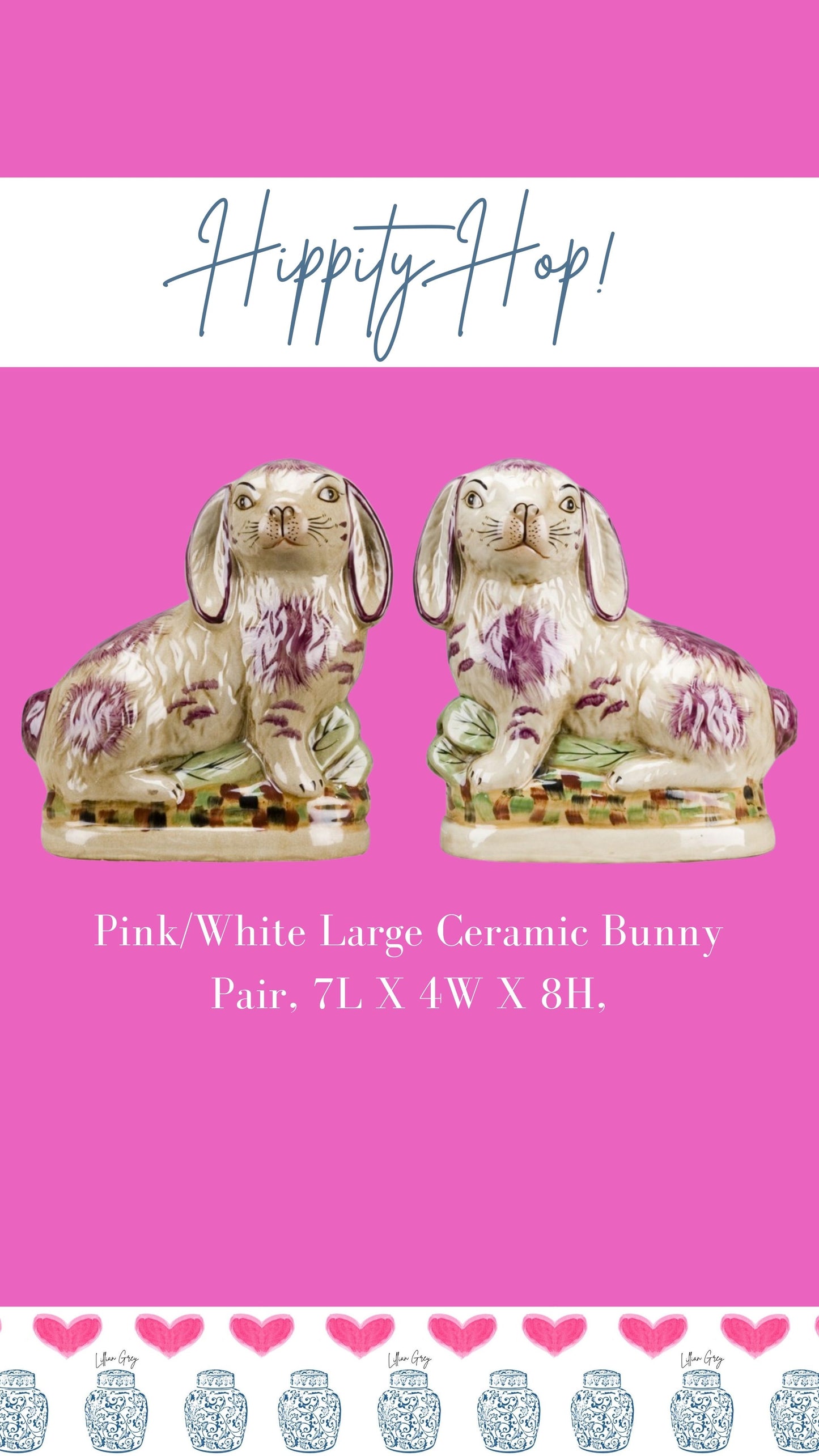 Danny's Fine Porcelain: Ceramic Bunny/Rabbit Figure Pair, Pink/White, 6Lx3Wx6.5H" #L8003-RD