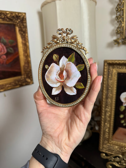 White orchid riginal oil painting in bronze antique frame