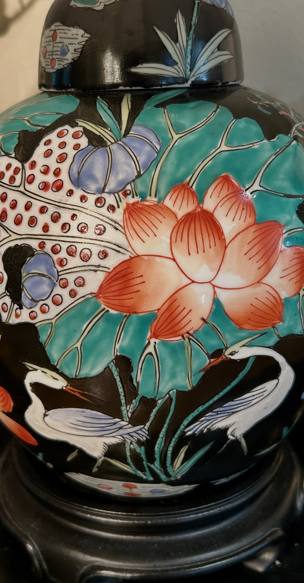 Vintage Famille Noir Matte Black Lamp With Crane Design  20 in