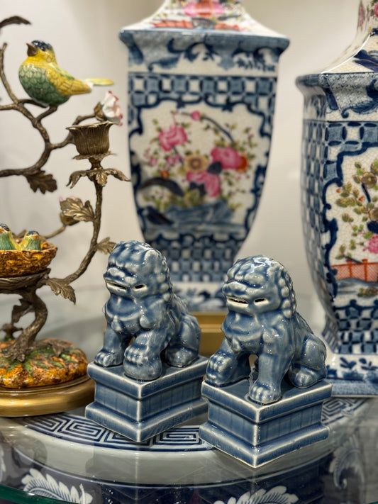 Danny's Fine Porcelain: Dusty Blue Foo Dog Pair: 6" tall, 3.5x2.5"