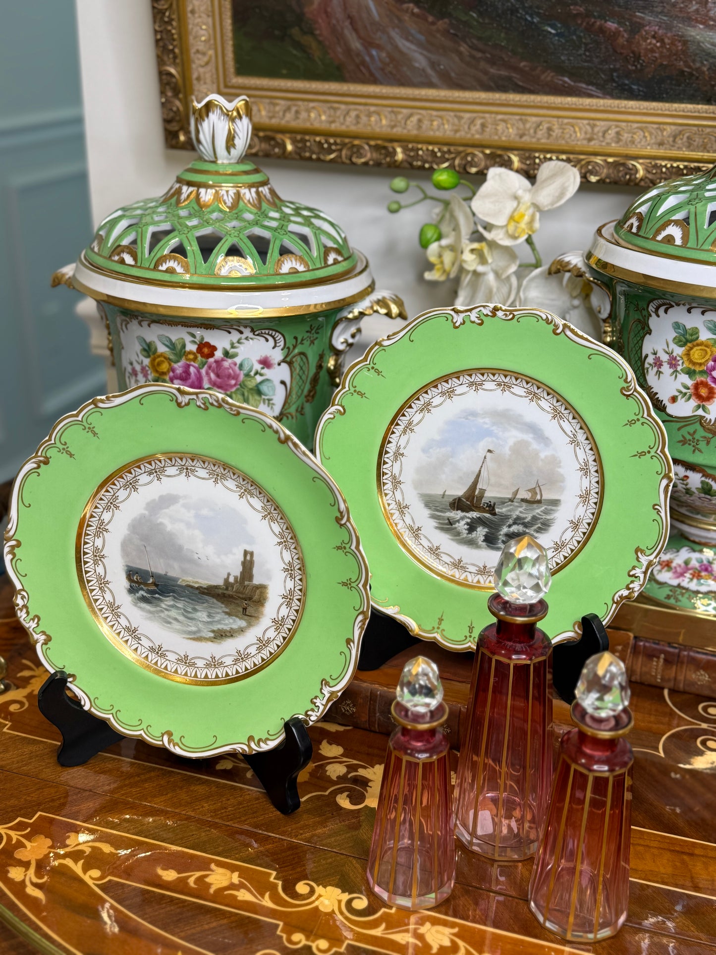 Pair of Ridgway Seascape Plates, c. 1870 | Green-Ground with Gilt, 9” Diameter
