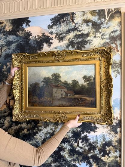 Antique A. Coleman English Landscape Oil Painting “Millpond Fishing” | Signed & Dated 1885 | Giltwood | Framed 19.75”H × 27.5”W